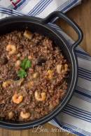 
Arroz rojo con setas variadas y gambas
         