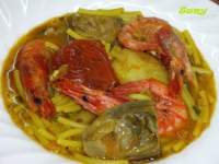 FIDEOS GORDOS CON GAMBAS Y ALCACHOFAS  - Paso a paso  